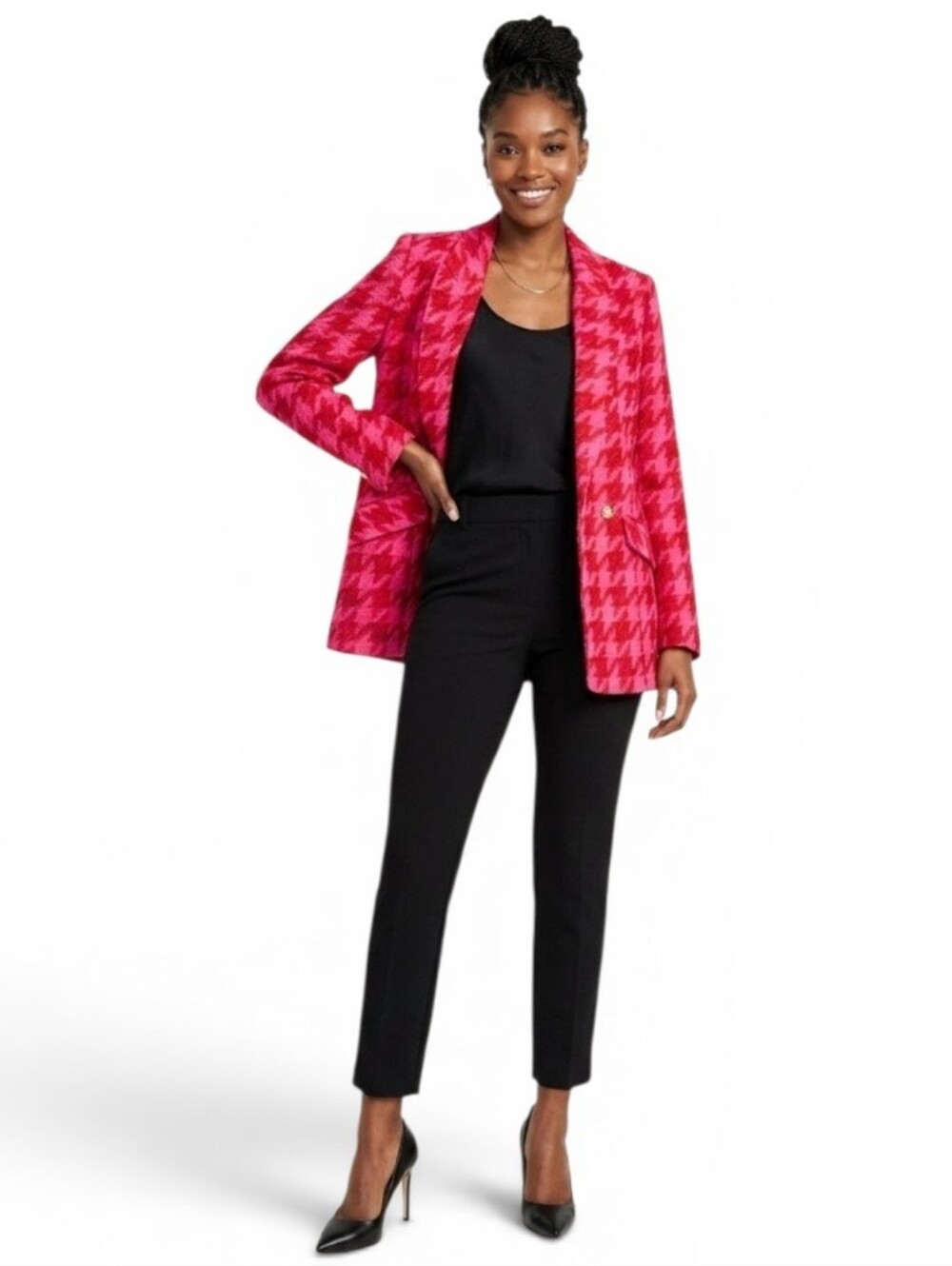 River Island Tweed Pink Red With Gold Button Houndstooth Blazer